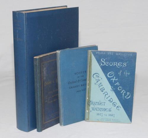 &lsquo;Scores of the Oxford & Cambridge Cricket Matches 1827-1887&rsquo;. Henry Perkins. J.S. Virtue & Co. Ltd of London. 1887. 1st edition. Original pictorial boards with tape repair to replacement spine. Also a sixth edition published by Hutchinson, London 1906, wi