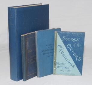 ‘Scores of the Oxford & Cambridge Cricket Matches 1827-1887’. Henry Perkins. J.S. Virtue & Co. Ltd of London. 1887. 1st edition. Original pictorial boards with tape repair to replacement spine. Also a sixth edition published by Hutchinson, London 1906, wi