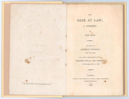 ‘The Heir at Law; A Comedy in Five Acts’. George Colman the younger. Longman, London 1808. 88pp rebound in modern cream cloth, lacking original wrappers. Padwick 874 lists two earlier editions of 1797 and 1800, but not this edition. The ‘Catalogue of an E