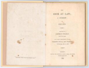 ‘The Heir at Law; A Comedy in Five Acts’. George Colman the younger. Longman, London 1808. 88pp rebound in modern cream cloth, lacking original wrappers. Padwick 874 lists two earlier editions of 1797 and 1800, but not this edition. The ‘Catalogue of an E