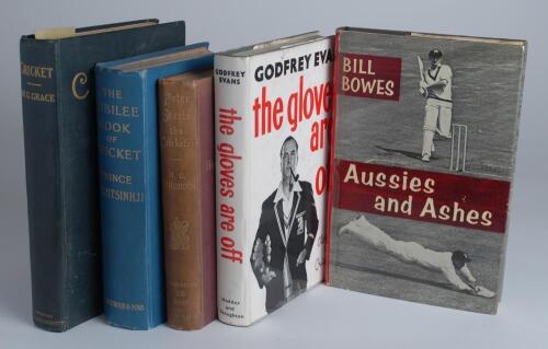 Cricket Books. ‘Aussies and Ashes’. Bill Bowes 1961, signed to front end paper by Bowes, Keith Miller, Jack Fingleton and John Arlott, sole with ‘The Gloves are off’. Godfrey Evans 1960 signed to title page. Sold with three other books, ‘Peter Steele. The