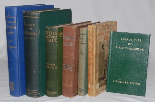 Pre-war cricket histories. Seven hardback titles in original cloth covers unless stated. Titles are ‘The Badminton Library of Sports and Pastimes. Cricket’, Duke of Beaufort, London 1888. ‘Annals of the Free Foresters 1856-1894’. W.K.R. Bedford and W.E.W.