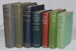 Pre-war cricket memoires. Seven hardback titles in original cloth covers, all first editions with one exception. Titles are ‘The Jubilee Book of Cricket’, K.S. Ranjitsinhji, sixth edition London 1898. ‘Seventy-One Not Out. The Reminiscences of William Caf