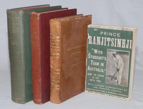 Cricket tour books. Five titles. &lsquo;How We Recovered the Ashes&rsquo;, P.F. Warner, London 1905. Rebound in early full leather, original decorative paper wrappers retained. Wear to covers. Two hardback titles by Percy Fender in original cloth covers, &lsquo;The Turn of