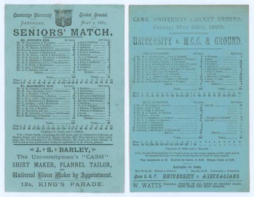 Cambridge University C.C. 1887 & 1890. Two early original scorecards for matches played at Fenner’s Ground, Cambridge, both with complete printed scores. The first for the ‘Seniors’ Match. Mr. [C.D.] Buxton’s Side v. Mr. [F.] Marchant’s Side’, dated 7th M