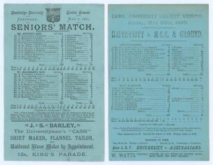 Cambridge University C.C. 1887 & 1890. Two early original scorecards for matches played at Fenner’s Ground, Cambridge, both with complete printed scores. The first for the ‘Seniors’ Match. Mr. [C.D.] Buxton’s Side v. Mr. [F.] Marchant’s Side’, dated 7th M