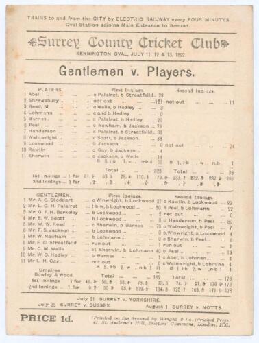 ‘Gentlemen v. Players’ 1892. Early original scorecard for the match played at Kennington Oval 11th- 13th July 1892. Complete printed scores. Players scored 325 with Arthur Shrewsbury carrying his bat for 151no. In reply Gentlemen were bowled out for 182 a