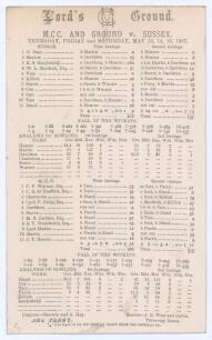 M.C.C. and Ground v. Sussex’ 1897. Early original double sided scorecard with complete printed scores for the match played at Lord’s, 13th- 15th May 1897. Sussex elected to bat and reached 418 thanks almost entirely to an innings of 260 by Ranjitsinhji, w