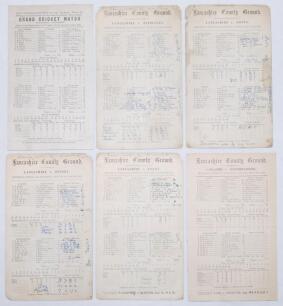 Lancashire C.C.C. 1897-1900. Six original scorecards for County matches played at Old Trafford. The scorecards with printed and handwritten scores unless stated. Matches are v. Middlesex 31st May- 2nd June 1897 (ex C.P. Foley collection, who played for Mi