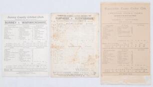 Warwickshire C.C.C. 1897-1901. Three original scorecards for Warwickshire County matches with fully printed scores unless stated. Matches are v. Surrey, Kennington Oval 13th- 15th May 1897, v. Hampshire, Southampton 12th- 14th August 1897, players listed 