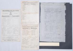 Somerset C.C.C. 1898-1928. Four original scorecards for Somerset County matches with fully printed scores unless stated. Matches include one ‘away’ match, v. Gloucestershire at Gloucester 14th- 16th July 1898. Also three scorecards for ‘home’ matches agai