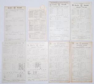 Representative and trials matches 1904-1937. Eight original scorecards with printed and/ or handwritten scores unless stated. Matches are M.C.C. Australian Team v. Rest of England, Lord’s 9th- 11th May 1904, G.L. Jessop’s Team v. P.F. Warner’s Team, Brama