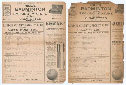 London County C.C. 1904. Two original scorecards for London County matches played at Crystal Palace. Matches are v. Guy’s Hospital, dated 18th June 1904 with W.L. Murdoch playing for London County. Small loss to two corners, horizontal fold with tape repa