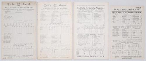 South Africa tours to England 1904 & 1907. Four original scorecards including two tour matches at Lord’s. One v. M.C.C. 11th- 14th August 1904, the other v. Middlesex, 10th- 12th June 1907, both with incomplete scores. The others, both with complete print