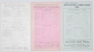 Worcestershire C.C.C. 1905-1921. Three original scorecards for matches played by Worcestershire, all with incomplete scores. Matches are v. Oxford University at Oxford 25th- 27th 1905, Ted Arnold taking a career best 9/64 in the second innings, v. Warwick