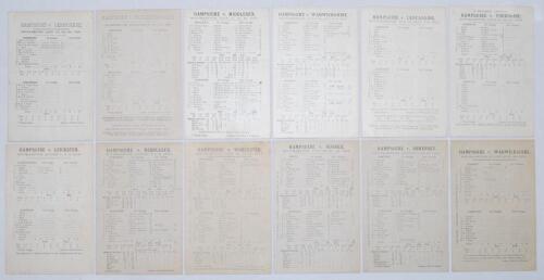 Hampshire C.C.C. 1906-1914. Twelve original pre- WWI scorecards for ‘home’ matches played by Hampshire at Southampton unless stated, all with incomplete and/ or handwritten scores. Matches are v. Derbyshire 4th- 6th June 1906, v. Worcestershire, Bournemou