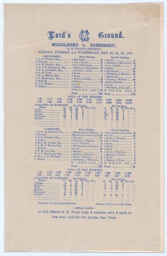 ‘Middlesex v. Somerset. A.E. Trott’s Benefit’ 1907. Albert Trott two hat-tricks in one innings. Original commemorative silk scorecard for the match played at Lord’s 20th- 22nd May 1907. Middlesex (286 & 213) beat Somerset (236 & 97) by 166 runs. The match