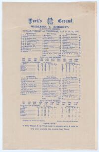 ‘Middlesex v. Somerset. A.E. Trott’s Benefit’ 1907. Albert Trott two hat-tricks in one innings. Original commemorative silk scorecard for the match played at Lord’s 20th- 22nd May 1907. Middlesex (286 & 213) beat Somerset (236 & 97) by 166 runs. The match