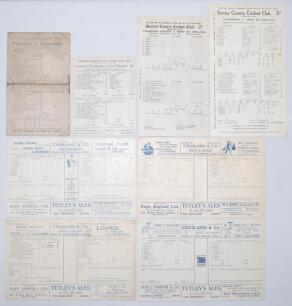 Yorkshire C.C.C. 1907-1939. Five original scorecards for Yorkshire matches played at Headingley, all with incomplete and/ or handwritten scores. Matches are v. Lancashire (David Denton’s Benefit) 5th- 7th August 1907, heavy wear and soiling, v. Lancashire