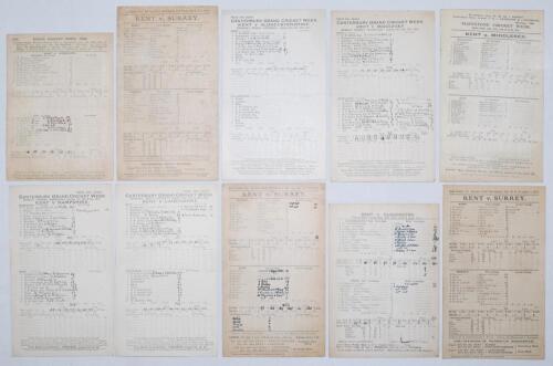 Kent C.C.C. 1908-1914. Fifteen original pre WWI scorecards for Kent matches comprising ten &lsquo;home&rsquo; County matches and five others, all with incomplete and/ or handwritten scores. Home matches are v. Yorkshire, Dover 1908, v. Surrey, Blackheath 1908, v. Glo