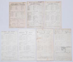 Gentlemen v. Players 1908-1928. Seven original scorecards for matches played at Kennington Oval and Lord’s, all with incomplete and/ or handwritten scores unless stated. Matches played at The Oval are 1908, 1909 and 1910 (complete printed scores), and at 