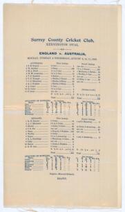 Australia tour to England 1909. ‘England v. Australia’. Fifth Test. Early original commemorative silk scorecard for the 5th Test, played at Kennington Oval, 9th- 11th August 1909. Australia batted first and reached 325, Bardsley scoring 136, Trumper 73 an