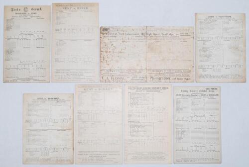 Kent C.C.C. County Champions 1909. Eight original scorecards from Kent’s Championship winning season of 1909, all with incomplete and/ or handwritten scores. Matches are v. Middlesex, Lord’s 31st May- 2nd June, v. Essex, Catford 10th- 12th June, v. Lancas