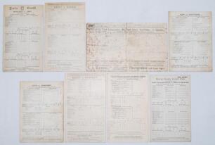 Kent C.C.C. County Champions 1909. Eight original scorecards from Kent’s Championship winning season of 1909, all with incomplete and/ or handwritten scores. Matches are v. Middlesex, Lord’s 31st May- 2nd June, v. Essex, Catford 10th- 12th June, v. Lancas