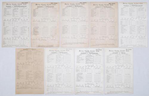 Surrey C.C.C. 1911-1914. Nine original pre WWI scorecards for Surrey County matches played at Kennington Oval, some with complete printed scores where indicated. Matches are v. Worcestershire 1911 (complete printed scores, E. Kirk career best bowling figu