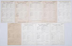 Surrey C.C.C. 1911-1914. Nine original pre WWI scorecards for Surrey County matches played at Kennington Oval, some with complete printed scores where indicated. Matches are v. Worcestershire 1911 (complete printed scores, E. Kirk career best bowling figu