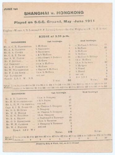 ‘Shanghai v. Hongkong’ 1911. Original scorecard for the ‘Interport’ match played on the Shanghai Cricket Ground, 31st May- 1st June 1911. Complete printed scores for the match in which Hong Kong scored 56, Shanghai replying with 175, and Hong Kong being d