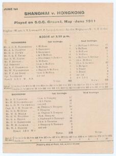 ‘Shanghai v. Hongkong’ 1911. Original scorecard for the ‘Interport’ match played on the Shanghai Cricket Ground, 31st May- 1st June 1911. Complete printed scores for the match in which Hong Kong scored 56, Shanghai replying with 175, and Hong Kong being d