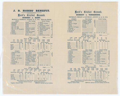 Jack Hobbs Benefit Year 1914. Commemorative silk scorecards, on one piece of silk, for Surrey v Kent, 10 & 11th August 1914 and Surrey v Yorkshire, 13th-15th August 1914. Surrey won the first match by eight wickets, Hobbs made 16 and 26no. Hitch took nine