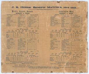 Jack Hobbs Benefit Years 1914 and 1919. Commemorative silk scorecards, on one piece of silk, for Surrey v Kent, 10th & 11th August 1914, ‘War Declared 1914’ printed to bottom of scorecard, and Surrey v Kent, 18th August 1919, ‘Peace signed 1919’ printed t