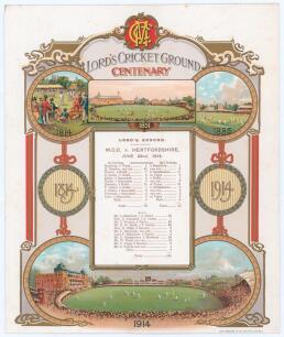 ‘Lord’s Centenary 1814-1914’. Large original commemorative printed scorecard for the Centenary in 1914. The scorecard is headed ‘Lord’s Cricket Ground Centenary 1814-1914... M.C.C. v Hertfordshire. June 22nd 1814’ with colour decorative border depicting L