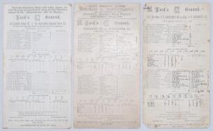 World War I charity matches, Lord’s 1917 & 1918. Three original scorecards for wartime charity matches played at Lord’s. Matches are English Army XI v. Australian Imperial Force XI 14th July 1917 (incomplete printed scores), England XI v. Dominions XI 29t