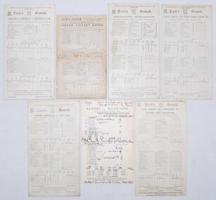 Representative match scorecards 1919-1935. Seven original scorecards for the period, all with incomplete and/ or handwritten scores (one exception). Matches are Gentlemen of England XI v Australian Imperial Forces XI, Lord’s 23rd- 25th June 1919. C.I. Tho