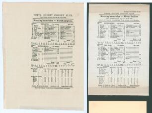 Nottinghamshire C.C.C. 1923 & 1928. Two original commemorative silk scorecards for matches played at Trent Bridge. One for Nottinghamshire v Northamptonshire, 20th & 21st June 1923 in which Northamptonshire elected to bat first and were bowled out for onl