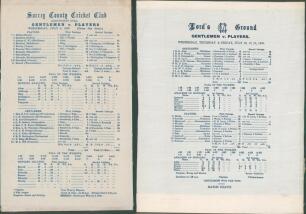 Gentlemen v Players 1925 & 1930. Two original commemorative silk scorecards, one for the match played at Kennington Oval, 8th- 10th July 1925. Gentlemen won by four wickets, Gubby Allen (130) scoring his maiden first-class century. Maurice Tate took 7/148