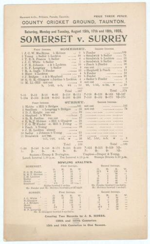 Jack Hobbs ‘Record’. Somerset v Surrey 1925. Official scorecard from the match played on the 15th-18th August 1925, where Hobbs made his 126th and 127th centuries equalling and breaking W.G. Grace’s record of number of centuries scored. Hobb’s made 101 in