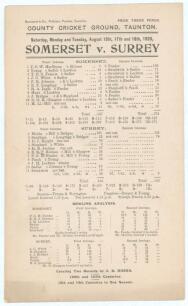 Jack Hobbs ‘Record’. Somerset v Surrey 1925. Official scorecard from the match played on the 15th-18th August 1925, where Hobbs made his 126th and 127th centuries equalling and breaking W.G. Grace’s record of number of centuries scored. Hobb’s made 101 in