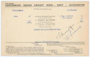 Kent C.C.C. 1926-1938. Eight original scorecards for Kent County and first-class ‘home’ matches, all with incomplete and/ or handwritten scores, and one other signed, played at various grounds. Matches are v M.C.C., Folkestone 1926, v Derbyshire, Tonbridg