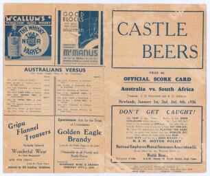 Australia tour to South Africa 1935/36. South Africa v Australia. Official folding scorecard for the 3rd Test played at Newlands, Cape Town, 1st- 4th January 1936. The scorecard with complete printed scores for the first innings, Australia batting first a