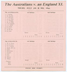 Australia tour to England 1899. ‘The Australians v. an England XI’. Very rare official scorecard for the match played at Tremorvah, Truro, 7th & 8th July 1899. Players listed at start of play. The Australians batted first and reached 214, Joe Darling the 