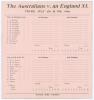 Australia tour to England 1899. ‘The Australians v. an England XI’. Very rare official scorecard for the match played at Tremorvah, Truro, 7th & 8th July 1899. Players listed at start of play. The Australians batted first and reached 214, Joe Darling the 