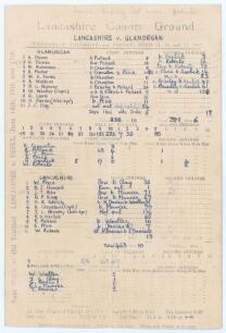 Lancashire v Glamorgan 1947. Official single sided scorecard for the match played at Aigburth, Liverpool, 11th- 13th June 1947. Complete handwritten scores in ink for the drawn match. Nicely signed in ink to the verso by all eleven members of the Glamorga