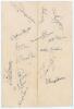 Lancashire v Glamorgan 1947. Official single sided scorecard for the match played at Aigburth, Liverpool, 11th- 13th June 1947. Complete handwritten scores in ink for the drawn match. Nicely signed in ink to the verso by all eleven members of the Glamorga - 2