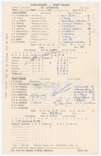 West Indies tour to England 1950. Lancashire v West Indians. Official scorecard with complete printed and handwritten scores for the match played at Aigburth, Liverpool, 5th- 7th July 1950. The scorecard signed in ink by six members of the West Indies tou