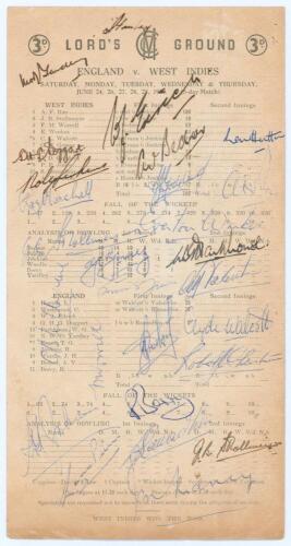 West Indies tour to England 1950. England v West Indies, Lord&rsquo;s 24th- 29th June 1950. Official scorecard for the 2nd Test match with incomplete printed scores. Profusely signed in ink by all seventeen members of the West Indies touring party and seven mem