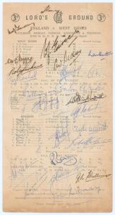 West Indies tour to England 1950. England v West Indies, Lord’s 24th- 29th June 1950. Official scorecard for the 2nd Test match with incomplete printed scores. Profusely signed in ink by all seventeen members of the West Indies touring party and seven mem